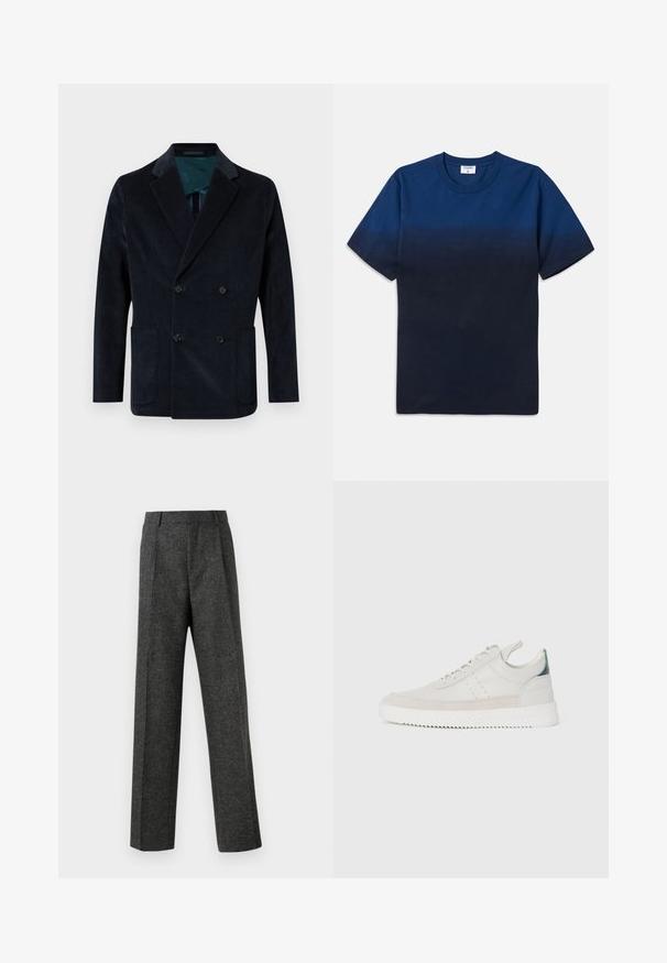 Divējāda slēgšana tumši jūras zilā žaketē, izgatavota no kordūrām, ar divām priekšējām kabatām un kontrastējošu tirkīza krāsas oderi.; Tums zila kokvilnas T-kreklu ar apaļu kaklu, īsām piedurknēm un izsmalcinātu gradientu dizainu, kas pāriet no gaišākām uz tumšākām nokrāsām.; Pelēki piegriezti bikses, izgatavotas no tekstūras auduma, ar diviem priekšējiem krokām un taisnu kāju dizainu. Nav redzamu kabatu vai rotājumu.; Baltas ādas sporta apavi ar pelēka zamšādas akcentiem, saistoša dizaina, ar vilkšanas cilpu un teksturētu gumijas zoli, kas raksturojas ar zigzag rakstu.