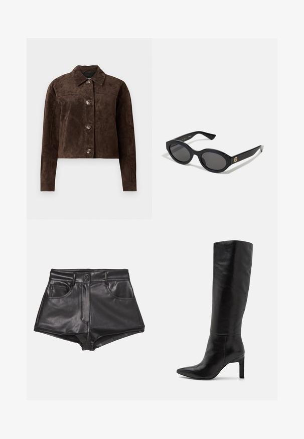 Brun semsket skinnjakke med krage, frontlukking med knapper, to sidelommer og kort design. Glatt tekstur og strukturert form.; Svart croppet t-skjorte laget av bomull, med rund halslinning og korte, vide ermer for en løs passform. Glatt tekstur, enkelt design.; Svarte faux skinnshorts med høy midje, featuring to frontlommer, synlig søm og en glatt tekstur.; Knæhøye svarte skinnstiletto støvler med spiss tå og glatt tekstur. Hælen er i blokkstil, noe som gir stabilitet til designet.; Sorte ovale solbriller med mørke linser og blank plastramme. Har gulllogo på stengene, og tilbyr et elegant og moderne design.; Brun semsket håndveske med to solide håndtak, rektangulær form og dekorativt stroppdetalj foran.