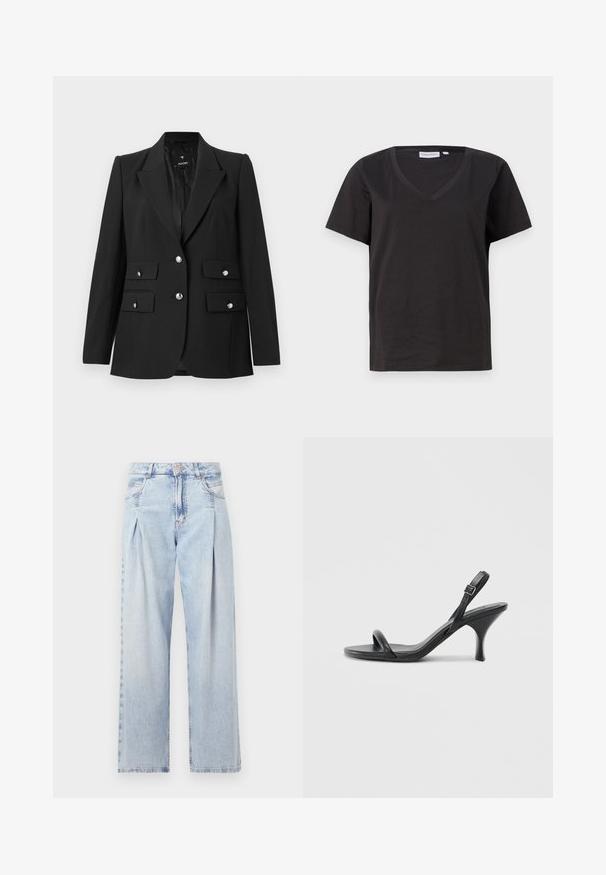 Čierny blazer vyrobený z hladkej textílie, s klopovým golierom, dvoma gombíkmi a dvoma prednými vreckami so šikmými klopami a lesklými striebornými gombíkmi.; Čierne bavlnené tričko s výstrihom do V a krátkymi rukávmi. Jednoduchý dizajn s bežným strihom a bez vzorov alebo akcentov.; Svetlomodré džínsy s vysokým pásom, širším strihom po celej dĺžke, dvoma bočnými vreckami a skladaným dizajnom. Mäkka textúra s vyblednutým vzhľadom.; Čierne kožené sandále na vysokom podpätku s štíhlym, zakriveným podpätkom a prekríženým pásikovým dizajnom. Nastaviteľný pásik okolo členka. Hladká textúra.
