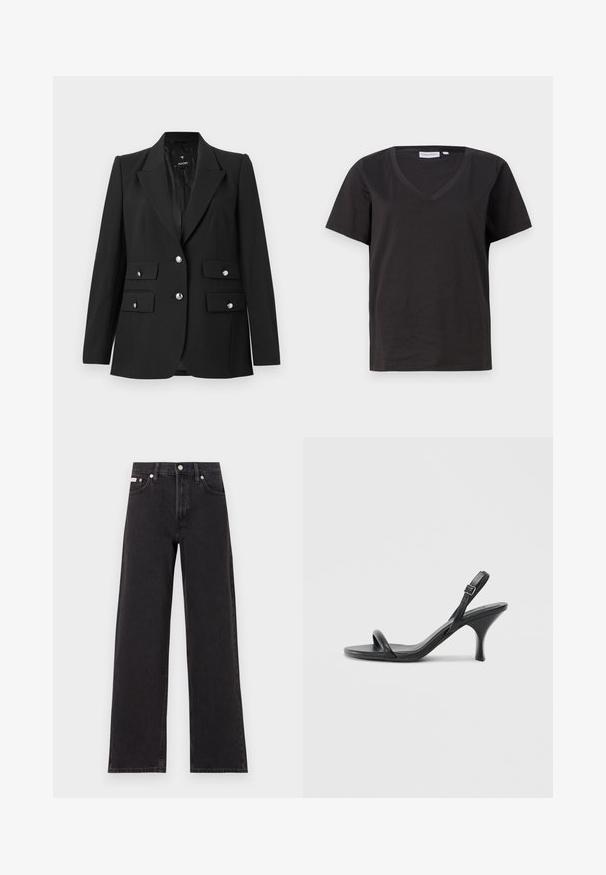 Crna blazerica od glatkog materijala, s rever kragnom, dva dugmeta za zatvaranje i dva prednja džepa s preklopom s sjajnim srebrnim dugmadi.; Crni pamučni T-shirt s V-izrezom i kratkim rukavima. Jednostavan dizajn s regularnom krojem i bez uzoraka ili akcenta.; Crne široke traperice od denima, s visokim strukom, pet džepova i metalnim zatvaranjem s kontrastnim šavovima.; Crne kožne sandale na visoku petu s tankom, zakrivljenom petom i dizajnom prekriženih traka. Podesiva traka oko gležnja. Glatka tekstura.