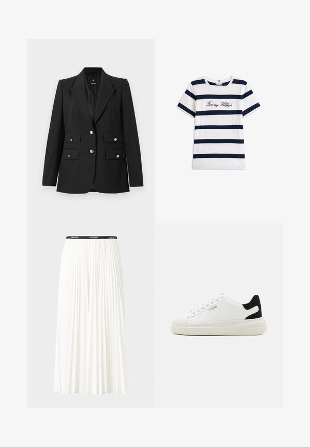 Czarna marynarka wykonana z gładkiego materiału, z wyciętym kołnierzem, dwoma zapięciami na guziki i dwiema przednimi kieszeniami z klapami, ozdobionymi błyszczącymi, srebrnymi guzikami.; Bawełniana koszulka z poziomymi granatowymi paskami na białym tle. "Tommy Hilfiger" wyszyte kursywą na klatce piersiowej. Okrągły dekolt.; Plisowana biała spódnica z czarnym elastycznym pasem z logo "LACOSTE". Średniej długości, o miękkiej teksturze.; Białe skórzane sneakersy z grubą białą podeszwą, czarnym zamszowym akcentem na pięcie oraz wytłoczonym logotypem z boku. Projekt z sznurówkami i sześcioma dziurkami.