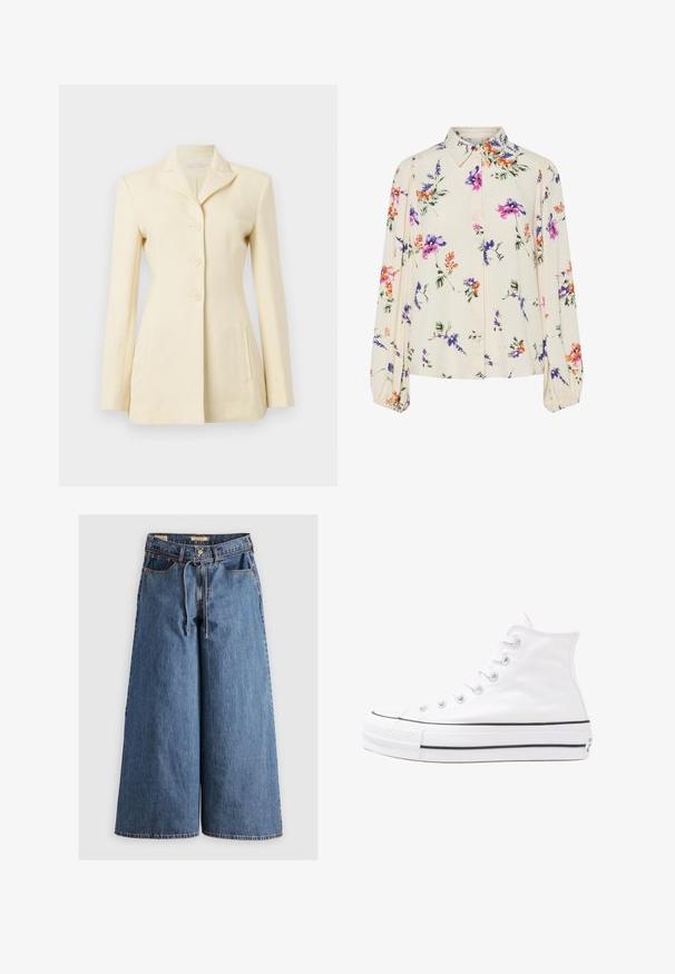 Cream-colored blazer featuring a notched collar, single-breasted design, and three buttons; includes side pockets and structured fit.; Floral blouse with long puff sleeves, light cream base, featuring purple, orange, and green floral patterns, and classic collar design.; Wide-leg denim pants in medium blue with a high waist, featuring a drawstring, five pockets, and contrasting stitching details.; White high-top canvas sneaker with black rubber sole, front rubber toe cap, and six eyelets for laces, featuring a clean, minimalist design.