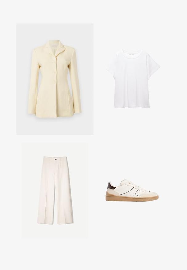 Svetlo krémový blejzer s klopovým golierom, s jedným gombíkom a tromi gombíkmi; obsahuje bočné vrecká a má štruktúrovaný strih.; Biele tričko vyrobené z mäkkého, ľahkého materiálu. Má okrúhly výstrih a krátke, široké rukávy s uvoľneným strihom. Bez viditeľných vzorov.; Krémové široké nohavice s nohavicami na mieru, s dvoma prednými vreckami a jedným predným zapínaním na gombík, vyrobené z hladkej tkaniny.; Stradivarius Tenisky - white