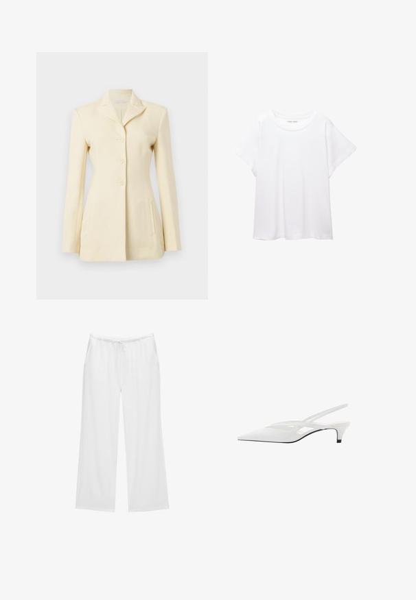 Kremowy żakiet z klapami, jednorzędowy design i trzy guziki; zawiera boczne kieszenie i dopasowany krój.; Biała koszulka wykonana z miękkiej, lekkiej tkaniny. Posiada okrągły dekolt oraz krótkie, szerokie rękawy, zapewniające luźny krój. Brak widocznych wzorów.; Białe szerokie spodnie z miękkiego materiału, z elastycznym pasem i sznurkiem do regulacji oraz dwiema bocznymi kieszeniami. Prosty i schludny design.; Biała szpilka na odkrytej pięcie z ostrym noskiem, charakteryzująca się gładką cholewką, subtelnymi wycięciami i niskim obcasem w kształcie bloku. Czarna podeszwa podkreśla design.