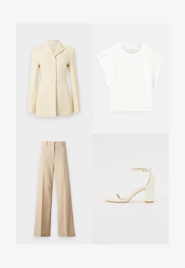 Kreemikas blazer, millel on nurgeline krae, ühesuunaline disain ja kolm nuppu; sisaldab küljetaskuid ja struktuursed istuvust.; Valge kastikujuline T-särk lühikeste varrukatega. Valmistatud siledast kangast, millel on ümmargune kaelus ja diskreetne õlavarre aktsent. Lihtne disain.; Kreemikad laiad püksid, mis on valmistatud siledast kangast, millel on tasapinnaline esiosa koos voldikutega, lukuga esiosa ja vöökohale silmused. Üldine puhas istuvus.; Valge nahast takjakandiga sandaal, millel on kinnitusrihm ja minimalistlik disain. Avatud varvastes ja sileda pinnaga.