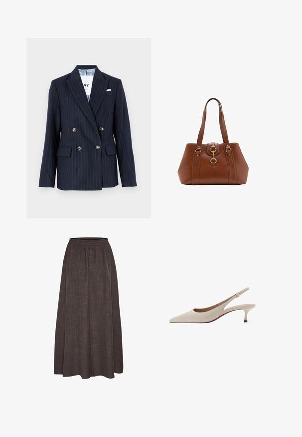Granatowa marynarka w paski w stylu podwójnym, z wyciętymi klapami, złotymi guzikami i dwiema przednimi kieszeniami, wykonana z teksturowanej tkaniny.; Sweter w kolorze musztardowym, wykonany z miękkiego materiału. Posiada żebrowany okrągły dekolt oraz długie rękawy w regularnym kroju i prostym wykończeniu.; Maxi spódnica w ciemnym brązie, wykonana z teksturowanej tkaniny z elastycznym pasem. Szeroka, swobodna sylwetka nie posiada widocznych wzorów ani akcentów.; Beżowe szpilki slingback z zakończeniem w szpic i niskim, rozkloszowanym obcasem. Wykonane z gładkiej skóry, o minimalistycznym wzornictwie i regulowanym pasku.; Brązowa skórzana torebka z podwójnymi uchwytami, okrągłym kształtem, złotymi okuciem i centralnym detalem z klamrą. Gładka tekstura z haftowanymi akcentami.