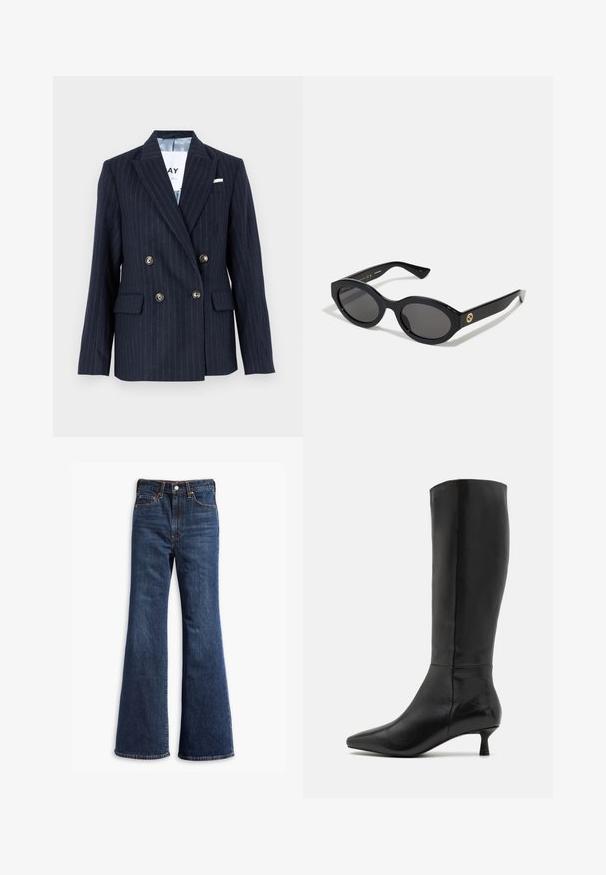Blazer doppiopetto blu navy con righe, caratterizzato da revers a punta, bottoni dorati e due tasche frontali, realizzato in tessuto texturizzato.; Maglietta bianca a maniche lunghe, con scollo rotondo, vista da dietro, posata piatta su uno sfondo bianco.; Jeans in denim blu scuro a vita alta con gamba a zampa d'elefante, chiusura frontale con bottone e zip, e design a cinque tasche.; Zign Stivali alti - black; Occhiali da sole neri a forma ovale con lenti scure e montatura in plastica lucida. Presentano un logo dorato sulla stanghetta, offrendo un design elegante e moderno.