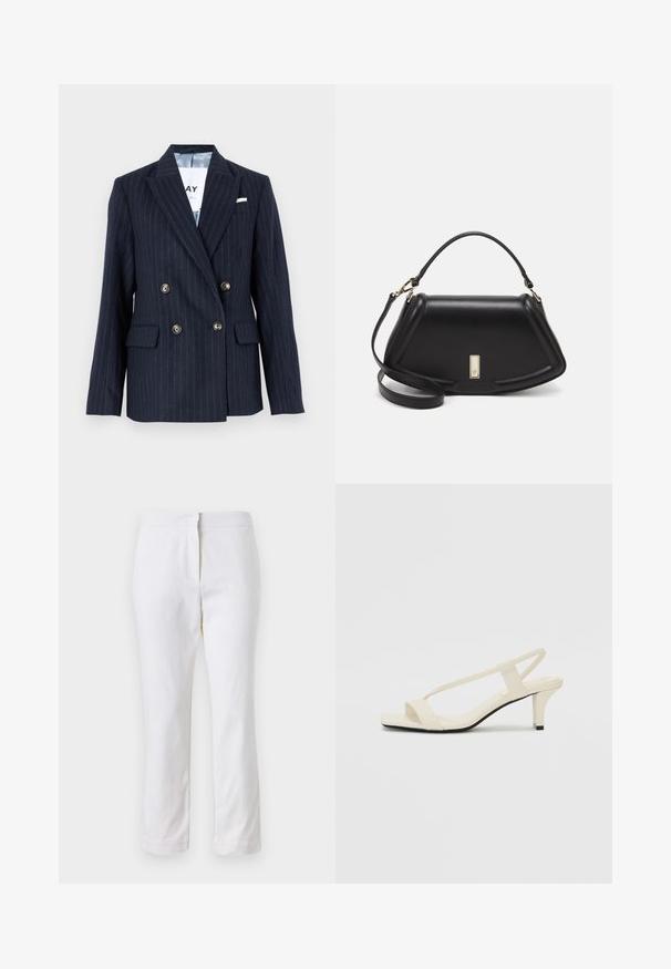 Granatowa marynarka w paski w stylu podwójnym, z wyciętymi klapami, złotymi guzikami i dwiema przednimi kieszeniami, wykonana z teksturowanej tkaniny.; Biała, krótka koszulka z szerokimi rękawami, wykonana z miękkiej bawełny, okrągły dekolt z delikatnym pomarańczowym wykończeniem, minimalistyczny design, bez wzorów i grafik.; Białe bawełniane spodnie o prostym kroju nogawki, z średnim stanem, bez widocznych elementów metalowych czy wzorów. Gładka tekstura na całej powierzchni.; Beżowe sandały na blokowym obcasie z cienkimi ramiączkami i kwadratowym noskiem. Gładki materiał z minimalną ilością detali, zaprojektowane z myślą o łatwym zakładaniu.; Czarna skórzana torebka o strukturalnym designie, z przyciętą formą, górnym uchwytem i złotymi akcentami. W zestawie regulowany pasek na ramię.