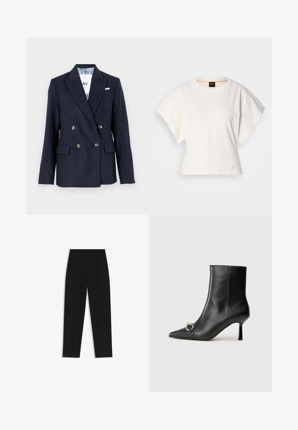 Blazer de doble botonadura a rayas navy, con solapas de muesca, botones en tono dorado y dos bolsillos frontales, confeccionado en tejido texturizado.; Camiseta blanca recortada, con mangas cortas y anchas, material de algodón suave, cuello redondo con un sutil ribete naranja, diseño minimalista, sin patrones ni gráficos.; Pantalones negros de corte recto, con doble pinza, textura suave y un diseño de cinturilla clásica. Sin hardware o acentos visibles.; Botín negro de cuero hasta el tobillo con punta afilada, tacón delgado de altura media y detalle de hebilla plateada en el lateral, sobre un fondo liso.