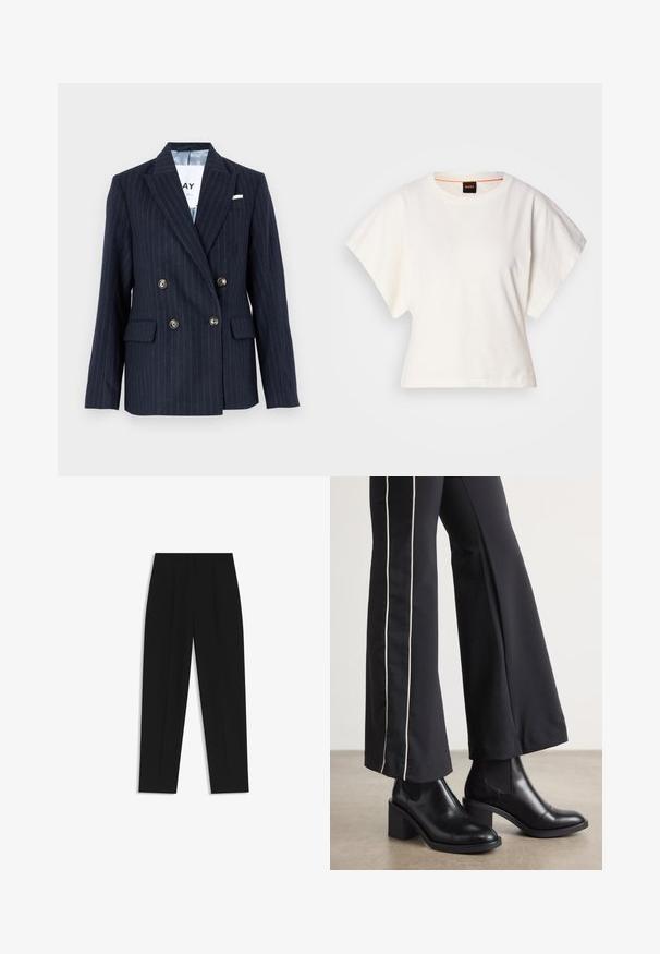 Marineblauwe krijtstreep double-breasted blazer, met notch-lapellen, knopen in goudkleur en twee voorzakken, vervaardigd uit textuurstof.; Witte gecropte T-shirt, korte brede mouwen, zachte katoenmaterialen, ronde halslijn met subtiele oranje rand, minimalistisch ontwerp, geen patronen of graphics.; Zwarte broeken met een rechte pasvorm, voorzien van dubbele plooien, een zachte textuur en een klassiek taillebandontwerp. Geen zichtbare hardware of accenten.; Zwarte leren enkellaarzen met een blokhak, voorzien van elastische zijpanelen. Gecombineerd met zwarte broeken met een witte zijstreep.