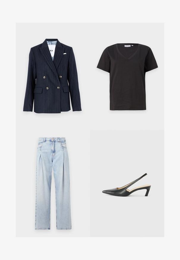 Tumes sinine pinstripe topeltpealne bleiser, millel on lõhikud, kuldse tooni nööbid ja kaks esikotti, valmistatud tekstureeritud kangast.; Must musta T-särk V-kaelusega ja lühikeste varrukatega. Lihtne disain, regulaarne istuvus, ilma mustrite ja aktsentideta.; Heledad sinise denimist valmistatud teksapüksid kõrge vöökohaga, laia jala lõikega, kahe külje taskuga ja pleedi disainiga. Pehme tekstuur ja pleekinud viimistlus.; Must mustaga, terav varvas, madala kontsaga sildiga king, mis on valmistatud siledast nahast ja mille küljel on lõike disain hingavuse tagamiseks.