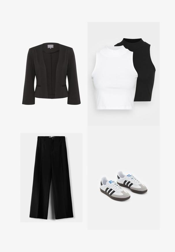 Černý blazer s hladkým materiálem, otevřeným designem vpředu, tříčtvrtečními rukávy, dvěma předními kapsami a jemnými texturovanými detaily podél okrajů.; Dvě bezrukávové halenky s ribovým stojáčkem v černé a bílé barvě, které mají přiléhavý střih a hladkou texturu, s krácenou délkou.; Černé široké kalhoty z lehkého materiálu s předním zapínáním na knoflík a hladkým předním dílem, s pečlivě přišitými lemy.; Sportovní boty s bílým koženým svrškem, šedou semišovou špičkou a třemi černými pruhy. Obsahují modré logo na jazyku a texturovanou gumovou podrážku.
