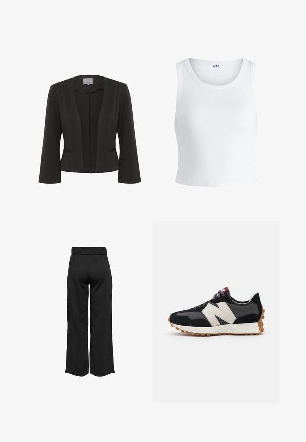 Fekete blézer sima anyagból, nyitott elülső kialakítással, 3/4-es ujjakkal, két elülső zsebbel és finom textúrájú részletekkel a széleken.; Fehér bordás ujjatlan top, kerek nyakkivágással és rövid hosszal. A címke szerint "JJXX". Sima szövettextúra.; Fekete, bővülő szárú nadrág, elasztikus derékkal, sima anyagból készült. Tiszta dizájn jellemzi, zsebek és látható varrási részletek nélkül.; Fekete és szürke velúr sportcipő nagy krémszínű "N" logóval, lila fűzőkkel és texturált gumi talppal.
