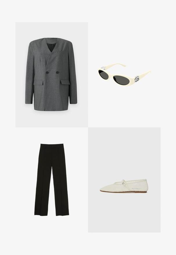 Szürke, dupla mellezett zakó V-nyakkal, két elülső zsebbel és gombdíszítéssel. Finoman textúrált anyagból készült.; Fehér póló, puha, könnyű anyagból készült. Kerek nyakú, rövid, széles ujjaival és laza szabásával rendelkezik. Nincsenek látható minták.; Fekete, bő szárú nadrág sima anyagból, melynek kényelmes derékrésze és diszkrét elülső redők adnak extra textúrát.; Krém színű, hálós balettcipő hegyes orral és állítható pánttal. Texturált felsőrésszel és lapos, barna talppal rendelkezik.; Krém színű napszemüveg ovális lencsékkel, fekete árnyalattal és fémszínezésű logóval a templomoknál. Sima textúra, macskaszem forma.