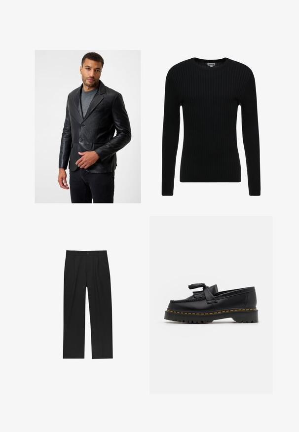 Zwarte leren blazer met notch-revers, twee knopen en een enkele borstzak; gedragen over een grijze trui met een gladde textuur.; Zwarte geribbelde lange mouwen trui met een ronde hals; gestructureerde stof met verticale lijnen; slim fit silhouet; geen zichtbare versieringen of accenten.; Zwarte broeken met een recht model, gemaakt van een gladde stof. Voorzien van een voorplooien en een enkele knoopsluiting bij de taille.; Zwarte leren loafers met een franjesaccent, voorzien van een dikke zwarte zool en gele stiksels langs de rand. Gevoelige afwerking.