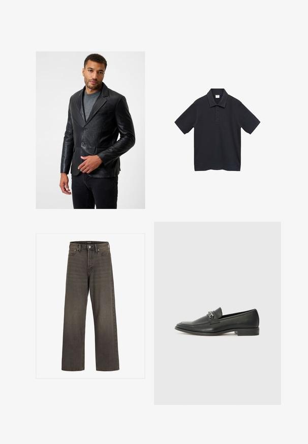 Black leather blazer with notch lapels, two buttons, and a single chest pocket; worn over a gray sweater, with a smooth texture.; Black polo shirt made of smooth cotton material. Features a classic collar, short sleeves, and a three-button placket.; Wide-leg jeans in dark grey denim, featuring a high waist, classic five-pocket design, and contrasting stitching along the seams.; Black leather loafer with a smooth finish, featuring a stitched design and a decorative metal chain accent across the vamp. Flat heel.