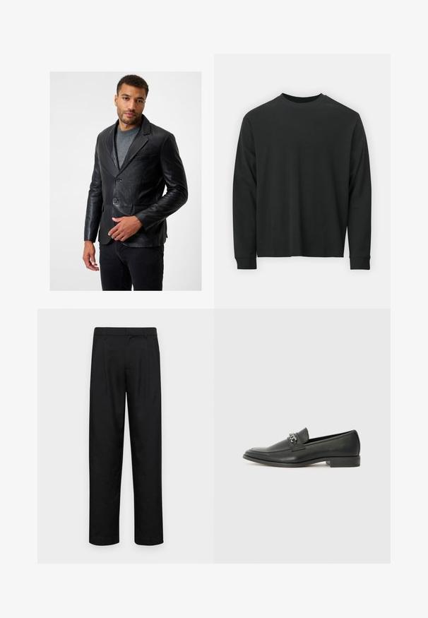 Black leather blazer with notch lapels, two buttons, and a single chest pocket; worn over a gray sweater, with a smooth texture.; Long-sleeve black T-shirt made of cotton, featuring a round neckline, loose fit, and ribbed cuffs. Smooth texture with no visible patterns.; Black trousers made of smooth fabric, featuring a straight-leg design, two front pleats, and standard waistband with belt loops.; Black leather loafer with a smooth finish, featuring a stitched design and a decorative metal chain accent across the vamp. Flat heel.