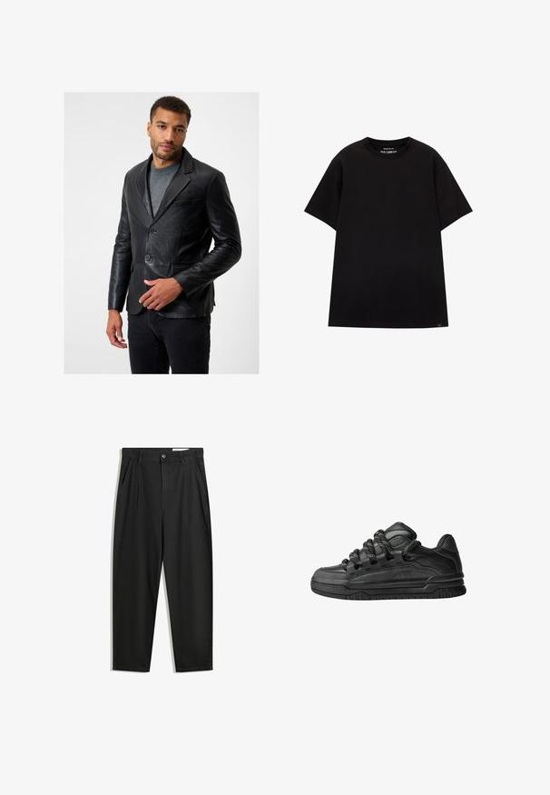Sort læderblazer med spidslapeller, to knapper og en enkelt brystlomme; båret over en grå sweater med en glat tekstur.; PULL&BEAR JOIN LIFE - T-shirts basic - black; Sorte bomuldsbukser med en afslappet pasform, der har en klassisk talje, frontfolder og sidelommer. Glat tekstur uden mønstre.; Sorte sneakers med en glat læderoverdel, teksturerede accenter og runde sorte og hvide snørebånd. Tyk gummisål med et mønstret slidbanemønster.