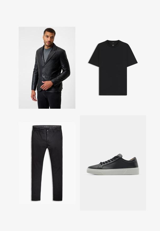Black leather blazer with notch lapels, two buttons, and a single chest pocket; worn over a gray sweater, with a smooth texture.; Black short-sleeve T-shirt made from a smooth cotton blend, featuring a crew neckline and a minimalistic design with no patterns or accents.; Black cotton chinos with a tapered fit, featuring five pockets, belt loops, and a smooth texture. Zip fly with a button closure.; Black leather sneaker with a smooth texture, round toe, and black laces. Features a thick, white rubber sole with subtle geometric accents.