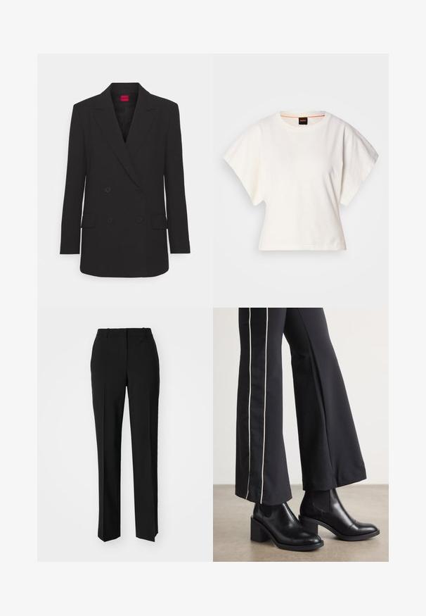 Blazer preto de duas casas com lapelas recortadas, mangas longas, dois bolsos frontais e acabamento mate. Apresenta fecho de botão oculto.; T-shirt branco cropped, mangas curtas e largas, material de algodão suave, decote redondo com um discreto acabamento laranja, design minimalista, sem padrões ou gráficos.; Calças pretas de corte ajustado com um design de perna reta, apresentando uma textura lisa e pregas bem definidas na frente. Sem hardware visível.; Botas de tornozelo em couro preto com um salto bloco, apresentando painéis laterais elásticos. Combinadas com calças pretas que têm uma faixa lateral branca.