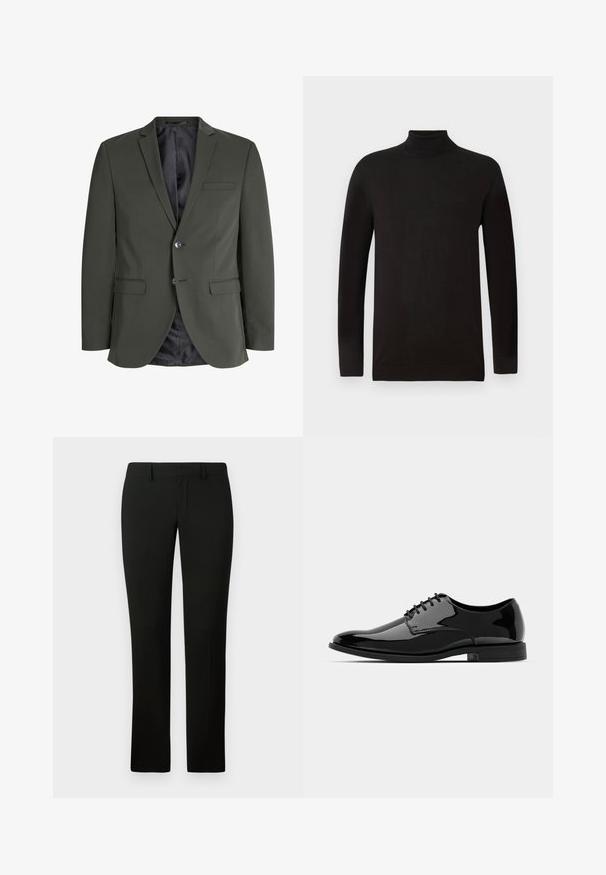 Oliven grønn blazer laget av glatt stoff, med en enkelt knappelukking, skrå lapeller og to frontlommer. Foret innside.; Svart genser med høy hals i mykt strikket stoff. Har lange ermer og en tettsittende design med en ribbete krage og liv. Minimal merking.; Svarte bukser med tilpasset passform, med en jevn tekstur og rette ben. Livremmen har beltestropper og en ren finish.; Svart lakkskinn dressko med rund tå, snøring og glatt, blank overflate. Den har en lav, gummisåle.