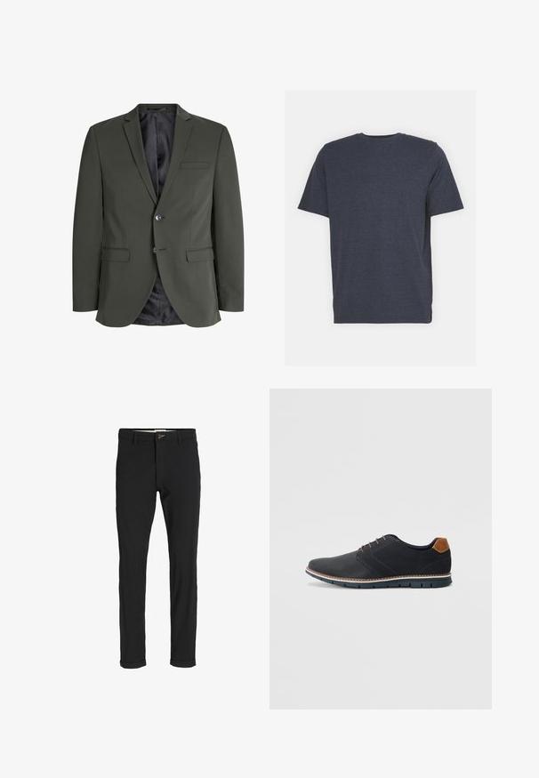 Maslinasto zeleni sako od glatke tkanine, s jednim dugmetom, rebrastim reverima i dva prednja dzepa. Podstava unutrašnjosti.; Tamnoplava majica s kratkim rukavima, okruglog izreza, izrađena od mekog pamučnog materijala, s regularnim krojem. Nema vidljivih uzoraka ili akcenata.; Crne hlače od pamuka sa slim fit krojem, s kopčanjem na dugme, džepovima i zavrnutim rukavima za ležeran izgled.; Crne sintetičke cipele s teksturiranim gornjim dijelom, glatkim akcentima, smešnim petom i kontrastnom potplatom. Imaju minimalne vezice i detalje šivanja.