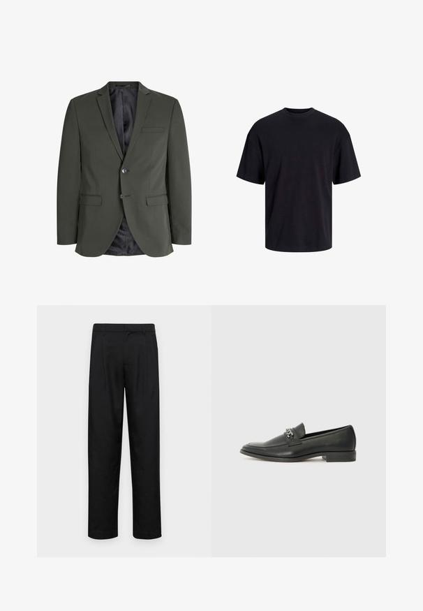 Alyvuogių žalia švarkas, pagamintas iš lygaus audinio, su vienu mygtuku, notch apykakle ir dviem priekinėmis kišenėmis. Sūnus pamušalas.; Juodas medvilninis marškinėlis su apvaliu iškirpimu, trumpomis rankovėmis ir laisvu siluetu. Glotni tekstūra, be matomų raštų ar akcentų.; Juodi kelnių modeliai, pagaminti iš lygios medžiagos, turi tiesią kojas, du priekiniai klostės ir standartinę juosmenį su diržo kilpomis.; Juodos odinės loafer tipo bateliai su lygiu paviršiumi, turintys siuvinėtą dizainą ir dekoratyvų metalo grandinėlės akcentą ant batų viršaus. Plokščias kulnas.
