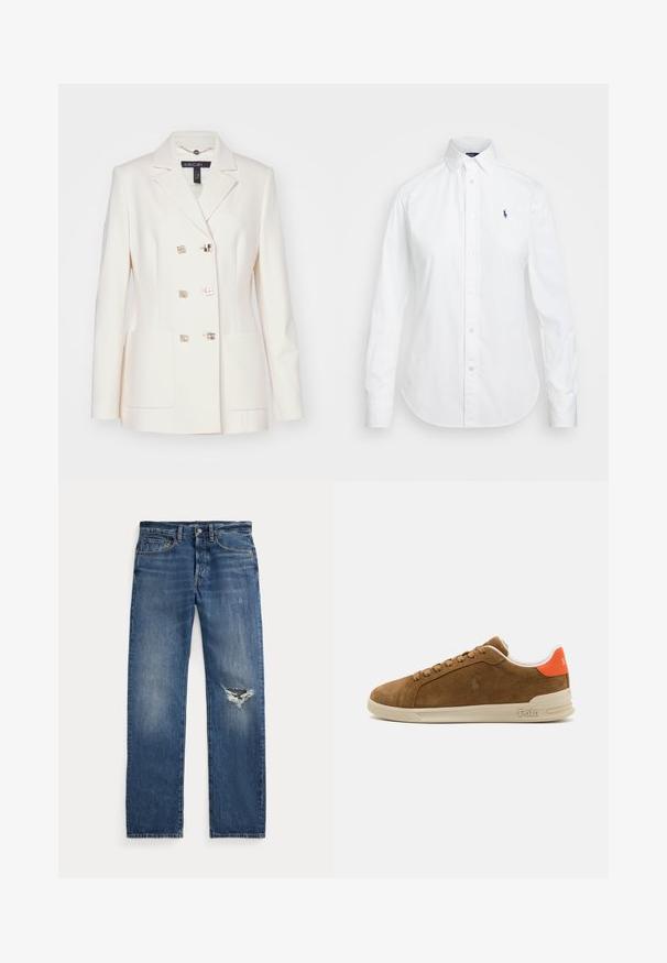 Dvouřadý krémový blazer vyrobený z hladké látky. Obsahuje kovové čtvercové knoflíky a dvě přední kapsy. Design s klopovým límcem.; Bílá košile na knoflíky s špičatým límcem, dlouhými rukávy a malým modrým logem na levé straně hrudi. Vyrobena z bavlněné tkaniny.; Modré denimové džíny s středně vysokým pasem, pěti kapsami a roztržením na pravém koleni.; Hnědé semišové tenisky s krémovou gumovou podrážkou, vybavené oranžovými akcenty na patě a malým detailem loga na boku.
