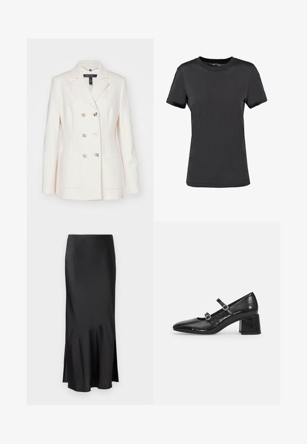 Dvojnastopni kremni blejzer iz gladkega blaga. Ima kovinske kvadratne gumbe in dve sprednji žepni. Oblikovanje s poševnim ovratnikom.; Črna majica s kratkimi rokavi, izdelana iz gladkega materiala. Ima okrogel izrez brez vidnih vzorcev ali naglasov, kar ponuja preprosto zasnovo.; Črna satenska midi krila z elegantnim dizajnom, ki ima rahlo razširitev na robu in stranski razporek za enostavno gibanje. Gladka tekstura.; Črne lakaste Mary Jane čevlje s koničastim nosom, dvema prilagodljivima trakoma in robustnim blokom pete. Gladka tekstura in sijajen zaključek.