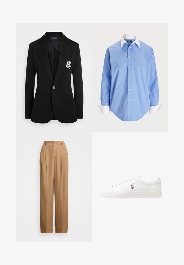 Blazer preto feito de tecido texturizado, apresentando um fecho com um único botão, dois bolsos frontais e um logótipo bordado no lado esquerdo do peito.; Camisa botão azul claro com mangas longas e um colarinho branco em contraste. Apresenta uma textura suave e cinco botões frontais.; Calças beige ajustadas com cintura alta, frente plissada, pernas afinadas e bainhas dobradas. Tecido suave com uma textura refinada.; Sapatilhas de couro brancas, design de cano baixo, com textura suave, biqueira redonda, atacadores à frente e um pequeno logótipo bordado na lateral.