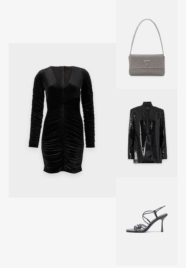 Blazer negro con lentejuelas, de superficie texturizada y brillante, y con cuello de chal. Diseño de frente abierto, forma ajustada y sin forro en el interior.; Vestido de terciopelo negro con mangas abullonadas largas, escote en V profundo y detalles fruncidos en la parte frontal. Cierre de cremallera en la parte posterior. Textura suave.; Las sandalias negras de tacón alto presentan finas correas con un diseño anudado, una punta cuadrada suave y un elegante tacón de aguja.; Bolso de mano metálico gris claro con una cadena como asa, adornado con pequeños remaches metálicos circulares y un logotipo de marca en forma triangular.