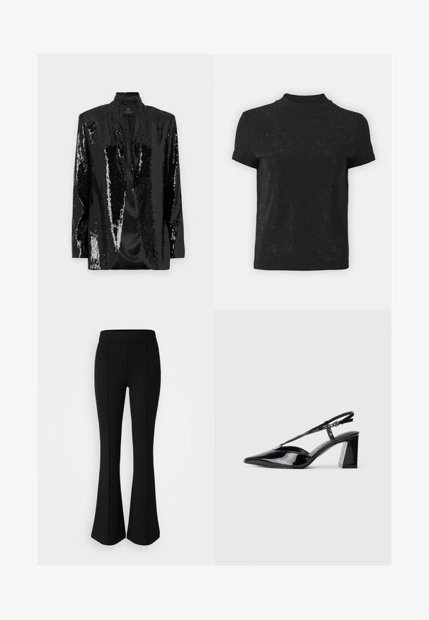 Melna spīdīga žakete ar teksturētu, mirdzošu virsmu un šallē līdzīgu apkakli. Atvērta priekšpuse, plānotā forma un neizšūts iekšējais odere.; Melna īsām piedurknēm augstākā kakla blūze ar teksturētu rakstu un dimanta akcentiem. Mīksts materiāls ar gludu apdari un maigu spīdumu.; Melni izplešami bikses, izgatavotas no elastīga materiāla ar gludu tekstūru, ar šuvju detaļām priekšpusē, lai pievienotu dizaina elementus.; Melnas lakotas ādas sandalējas augstpapēžu kurpes ar smailu purngalu, regulējamu siksniņu un masīlu taisnstūrveida papēdi.