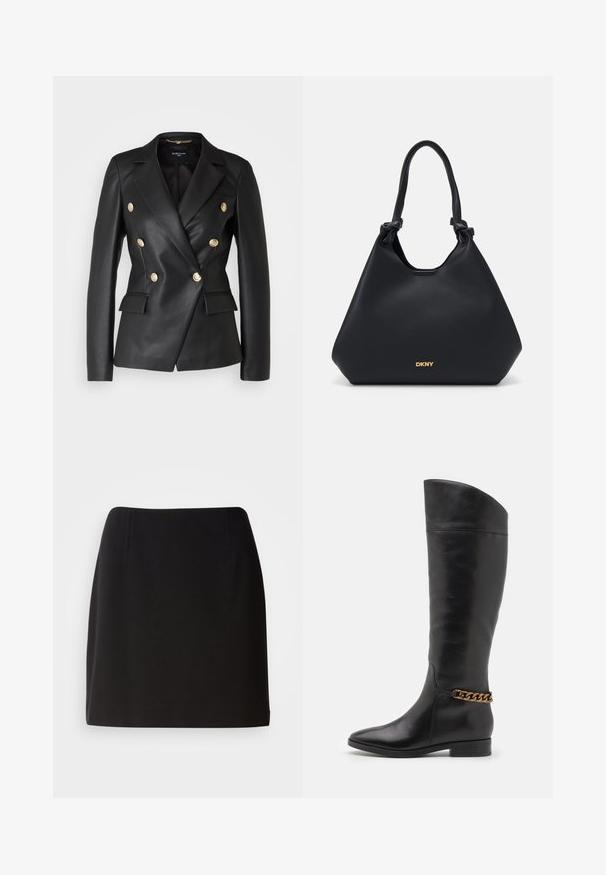 Svart läder dubbelknäppt jacka med guldfärgad knapppynt, markerade slag och två framfickor, med en skräddarsydd passform och en strukturerad form.; Svart satin halterneck-top med gathered tyg vid halsringningen och en slät, flödande design. Rak fåll utan synliga mönster eller detaljer.; Svart kjol med en fitting silhuett, tillverkad av ett slätt tyg. Har diskreta framveck och en design som når till mitten av låret.; Höga svarta läderstövlar med en strömlinjeformad design, spetsig tå och en guldkedja vid vristen. Låg klack. Slät yta.; Svart läder tote-väska med en texturerad yta, knutna handtagsdetaljer och guldlogotyp i botten. Har en avslappnad silhuett.