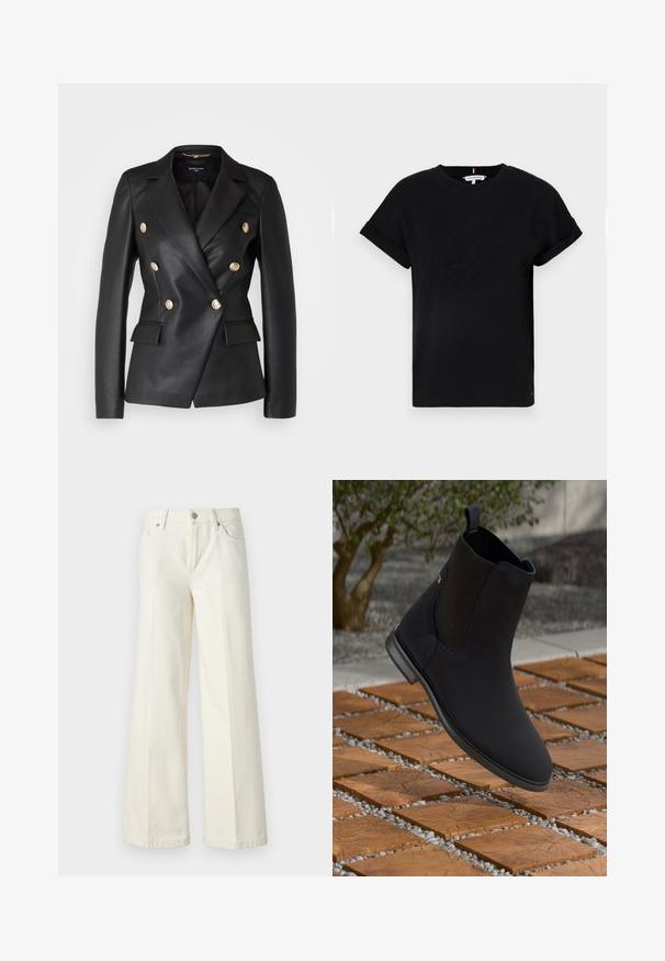 Casaco de couro preto de botão duplo com detalhes em botões dourados, lapelas recortadas e dois bolsos frontais, apresentando um corte ajustado e uma forma estruturada.; T-shirt preta de algodão com mangas curtas dobradas, apresentando um logotipo em relevo no centro e um pequeno detalhe de bandeira na lateral.; Calças jeans brancas de perna larga, feitas de tecido de algodão misto. Apresentam fecho de correr, design de cinco bolsos e costura ao longo das costuras.; Botim preto até ao tornozelo com painel lateral elástico a flutuar acima de ladrilhos quadrados de madeira com pedras num ambiente exterior.