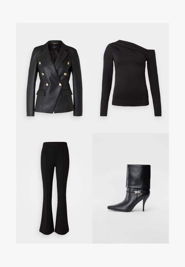 Musta nahast kahepoolselt nööpidega jakk, millel on kuldsed nööbid, lõikega krae ja kaks esikotit, omades kohandatud stiili ja struktureeritud kuju.; Must emapnevarblouse mustaga, millel on asümmeetriline kaelus, avatud on üks õlg ja rindkere peal on pehmed volangid.; Mustad flared püksid, mis on valmistatud elastsetest materjalidest, millel on sile tekstuur. Ees on õmbluste detailid, mis lisavad disaini.; Mustad nahast pahkluu saapad terava nina, kõrge stilettokanna, volditud äärega ja kuldse dekoratiivse pandlaga pahkluul.