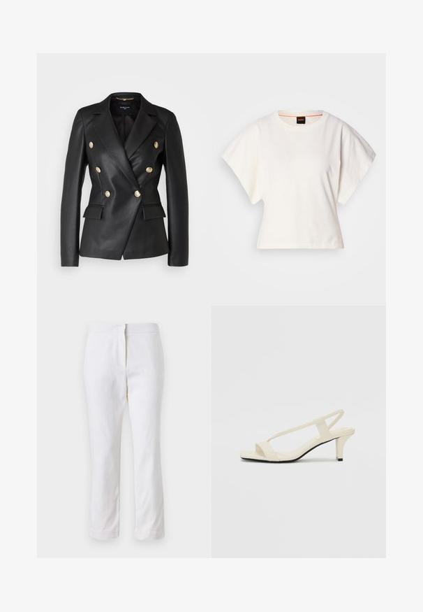 Juodas odinis dvigubas švarkas su auksinėmis mygtukų detalėmis, išpjautais atlapais ir dviem priekinėmis kišenėmis, pasižymintis pritaikytu siluetu ir struktūrine forma.; Baltas trumpas marškinėliai, plačios trumpomis rankovėmis, minkšta medvilnė, apvali kaklo iškirptė su subtiliu oranžiniu apvadu, minimalus dizainas, be raštų ar grafikų.; Balti medvilniniai kelnių su tiesiu kojų dizainu, turintys vidutinį liemenį ir be matomų detalių ar raštų. Lygi tekstūra visame paviršiuje.; Kreminės blokų kulno šlepetės su plonomis dirželiais ir kvadratiniu pirštu. Lygus medžiaga su minimaliais akcentais, sukurtos lengvam dėvėjimui.