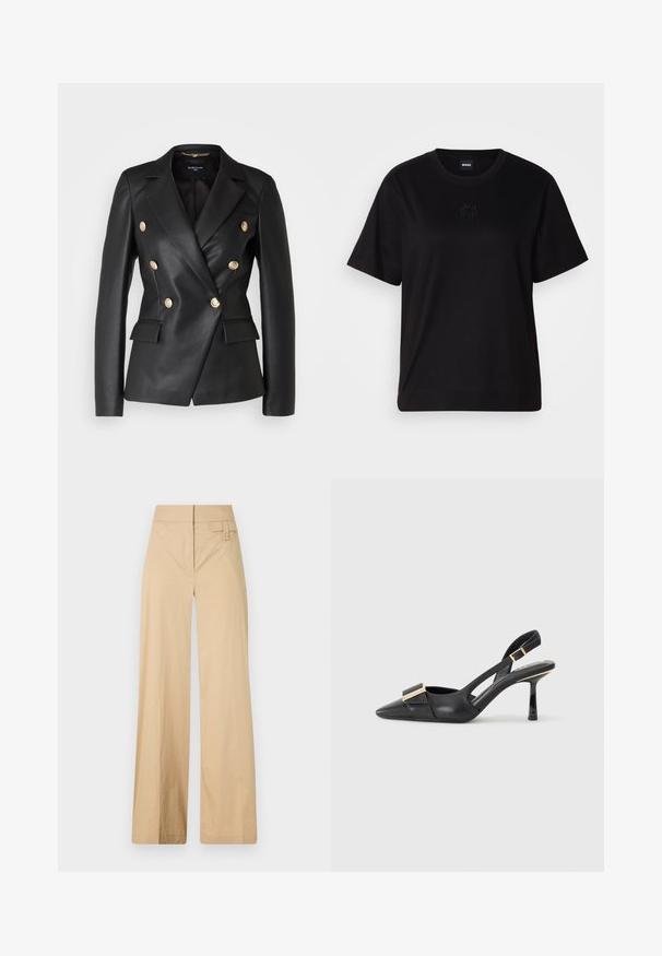 Czarna skórzana kurtka dwurzędowa z złotymi guzikami, z klapami wciętymi oraz dwoma przednimi kieszeniami, cechująca się dopasowanym krojem i zbudowaną formą.; Czarny bawełniany t-shirt z okrągłym dekoltem, krótkimi rękawami i haftowanym logo na piersi. Prosty, luźny krój bez wzorów.; Beżowe spodnie typu wide-leg wykonane z mieszanki bawełny. Charakteryzują się gładką teksturą, elastycznym pasem i detalem z guzikiem z boku.; Czarna skórzana mokasynka z odkrytym piętą, spiczastym noskiem, smukłym obcasem i akcentem w kolorze złotym na cholewce. Gładka faktura i zorganizowany design.
