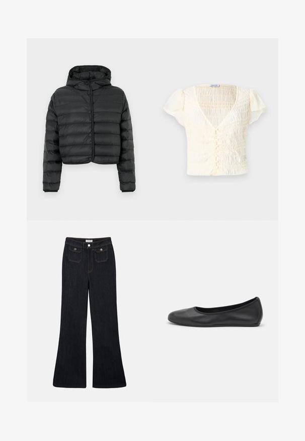 Casaco curto acolchoado preto com costuras horizontais, fecho frontal com botões de pressão, mangas compridas e capuz preso, sobre um fundo simples.; Top curto de cor creme com textura franzida, decote em V e fecho de botão. Tecido leve com mangas ligeiramente volumosas.; Calças de ganga escuras com boca de sino e cintura alta, com dois bolsos frontais e costura laranja. O material parece resistente e suave.; Bailarina preta em pele com bico arredondado, textura suave, detalhe de costura minimalista e design de sola flexível.