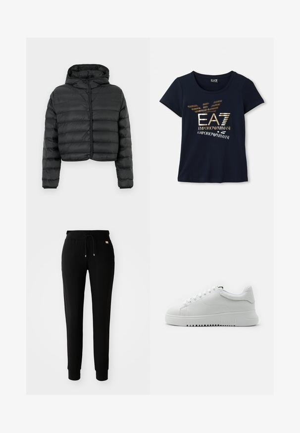 Black cropped puffer jacket with horizontal quilting, snap-button front, long sleeves, and attached hood against a plain background.; Navy blue short-sleeve t-shirt made of cotton, featuring a metallic gold graphic logo with text and stylized eagle wing accents.; Black tapered sweatpants with drawstring waist and cuffed ankles, displayed on a plain white background.; White sneakers with a textured leather upper, round toe, and lace-up design. Thick white rubber sole with textured grip pattern.