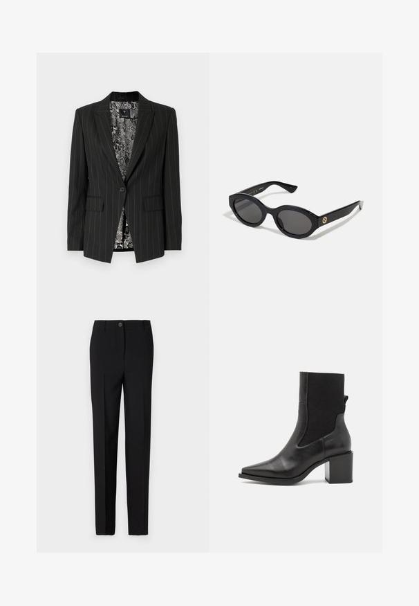 Svart pinstripe blazer med en fitted design, enkel knapp-lukking og to frontlommer. Fôret med et slangeskinn-mønster.; Leopardmønster langermet topp med høy hals, laget av elastisk stoff. Har en beige bakgrunn med brune flekker. Glatt tekstur, tettsittende design.; Sorte skreddersydde bukser med rett bendesign, med knappelukking og beltehemper, laget av glatt stoff.; Svart ankelstøvel med spiss tå, laget av glatt lær og elastisk stoff. Har blokkhelt og minimalistisk design.; Sorte ovale solbriller med mørke linser og blank plastramme. Har gulllogo på stengene, og tilbyr et elegant og moderne design.; Blåmønstret håndveske laget av stoff, med buet form, svart lærreim og logodesign i en lysere nyanse.