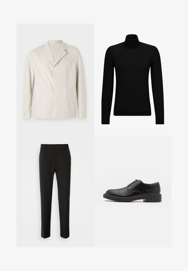Hellbeige Jacke aus strukturiertem Stoff, mit Reverskragen und drei Knöpfen auf der Vorderseite, langen Ärmeln und geradem Saum.; Schwarzer Rollkragenpullover aus weichem Material mit langen Ärmeln und enger Passform. Rippbesatz am Saum und an den Bündchen. Einfaches Design.; Schwarze Hose aus glattem Stoff, mit geraden Beinen, einem Knopfverschluss und einem klassischen Design, das sowohl für formelle als auch für legere Anlässe geeignet ist.; Schwarzer Leder-Schnürschuh mit abgerundetem Zeh, glatter Textur, minimaler Naht und niedrigem Gummiabsatz. Logo auf der Ferse.