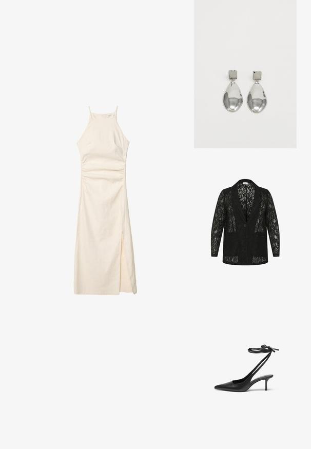 Schwarze Spitzensakko mit Reverskragen, zwei vorderen Taschen, Knopfverschluss und transparentem Blumenmuster.; Stradivarius HALTER  - Etuikleid - stone; Schwarzer Leder-Stiletto mit spitzem Zehenbereich, offenem Fersenbereich und mit einer Schleife gebundenen Knöchelriemen. Schlanker 3-Zoll-Absatz. Glatte Textur, minimalistisches Design.; Schwarze Lederhandtasche mit geschwungener Form, abnehmbarem Tragegurt und goldenen Beschlägen. Die Tasche verfügt über einen Deckel mit einer Schnallen-Details.; Silberne Tropfenohrringe mit einem quadratischen Stecker, die eine glatte, polierte Oberfläche und eine Tropfenform aufweisen, die Licht mit einer glänzenden Oberfläche reflektiert.