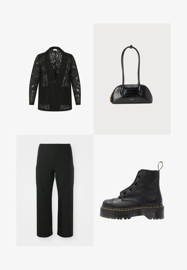 Blazer en dentelle noire avec un col cranté, deux poches avant, fermeture à un bouton et motif floral transparent sur l'ensemble.; Haut noir avec de longues manches en dentelle, présentant un corps noir uni et des détails en dentelle florale. Encolure ronde au toucher doux.; Vero Moda Curve VMCAUGUSTA PANT - Pantalon classique - black; Bottines en cuir noir avec surface texturée, bout arrondi, lacets, coutures jaunes et une épaisse semelle noire crantée.; Sac à main noir avec motif crocodile, texture lisse, forme arrondie et deux poignées fines. Accent logo en or près de la base.; Boucles d'oreilles en argent, forme ronde, surface en métal lisse, sans embellissements visibles, design léger, épaisseur uniforme.