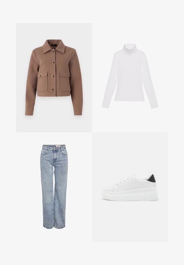 pruun lühike jakk kraega, millel on suured esipocketid ja nööbiga kinnitused. Valmistatud pehmest kangast, millel on veidi tekstureeritud viimistlus.; Valge pikkade varrukate turtleneck-särk, mis on valmistatud siledast ja venivast kangast. Omab kõrget kraed ja keha lähedast lõiget, ilma nähtavate mustrite või kaunistusteta.; Heledad sinine laia jalaeest, valmistatud denimist, kõrge vöökohaga, viie tasku disainiga ja kerge tuhmumisega, mis annab kulunud välimuse.; Valged platvormsneakerid, mis on valmistatud siledast sünteetilisest materjalist, ovaalse toe, paelkinnise disaini ja tekstuurse kummitaldiga. Must kontsrihm.