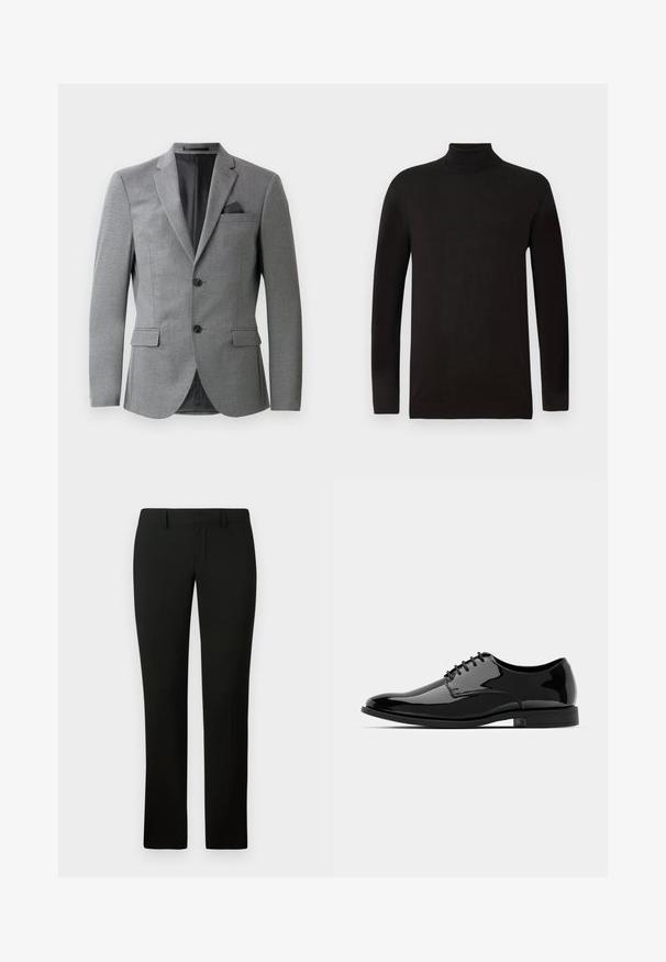 Sivý blazer s textúrovanou látkou, jednoradovým zapínaním, dvoma prednými vreckami a elegantným klopovým golierom. Obsahuje vreckový vreckovku.; Čierny rolák z jemnej pleteniny. Má dlhé rukávy a priliehavý strih s rebrovaným golierom a lemom. Minimalistické brandovanie.; Čierne nohavice s prispôsobeným strihom, ktoré majú hladkú textúru a rovný strih nohavíc. Pás má pútka na opasok a čisté zakončenie.; Čierne lakované kožené topánky s okrúhlou špičkou, šnurovací dizajn a hladký, lesklý povrch. Obsahujú nízky gumový podrážku.