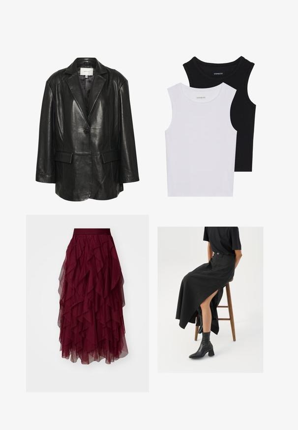 Gestuz BLAKELY - Nahkjakk - black; Kaks lühikeste varrukateta toppi mustas ja valges, valmistatud ribakudumist, ümarate kaelustega ja sobiva disainiga. Mõlemal on nähtavad sildid.; Burgundia tüllseelik mitme kihilise volangiga, laia vöökoht ja voolav siluett. Kerge, tekstureeritud kangas rõhutab liikumist.; Must mustriga mustri, kõrge lõhiku ja musta T-särgiga, koos mustade ankle kingadega. Minimalistlik disain, lõtv istuvus.