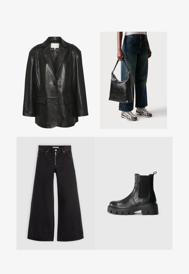 Gestuz BLAKELY - Δερμάτινο μπουφάν - black; Μαύρο βαμβακερό μπλουζάκι κοντό μανίκι, με σχέδιο χεριού και κείμενο "Levi's LA LUNE" σε λευκό στην αριστερή περιοχή του στήθους.; Πλάι-πλάι τζιν σε μαύρη denim με φερμουάρ μπροστά, σχέδιο με πέντε τσέπες και διακριτές ραφές. Λείος υφασμάτινος χαρακτήρας και χαλαρός στυλ.; Μαύρο δερμάτινο μποτάκι έως τον αστράγαλο με ελαστικές πλάγιες επενδύσεις, παχύ λαστιχένιο πέλμα και βρόχο στο πίσω μέρος, σε ανοιχτό γκρι φόντο, πλάγια όψη.; Μαύρη δερμάτινη τσάντα ώμου με μαλακή υφή και ρυθμιζόμενο λουρί, συνδυασμένη με ξεθωριασμένα φαρδιά τζιν και αθλητικά sneakers.