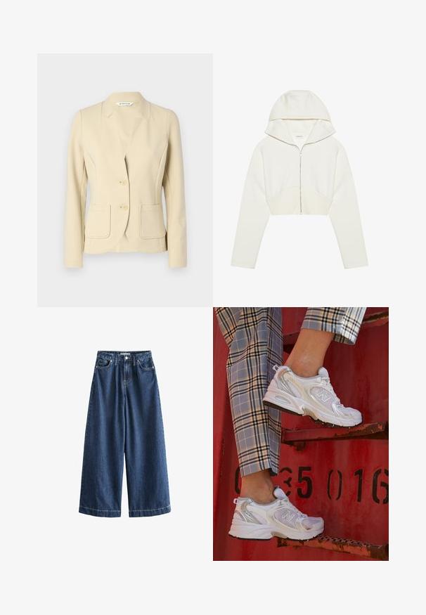 Beige saka na míru vyrobené z texturovaného materiálu, s klopovým límcem, dvěma předními kapsami a dvěma knoflíky. Hladký povrch tkaniny.; Bílá zkrácená zipová mikina s kapucí, měkká látka, dlouhé rukávy a ševový detail vpředu. Hladký povrch a kovový zip.; Bílý žebrovaný tílko s krajkovým lemem na výstřihu a rukávech. Má jemnou texturu a přiléhavý střih. Značková etiketa viditelná uvnitř.; Široké džíny tmavě modré barvy. Vyrobeny z pevného bavlněného materiálu, mají vysoký pas, přední kapsy a rovné, zkrácené nohavice s viditelným švem.; Bílé síťované tenisky se stříbrnými akcenty a texturovanou podrážkou, umístěné na červeném povrchu, zkombinované s kostkovanými kalhotami.