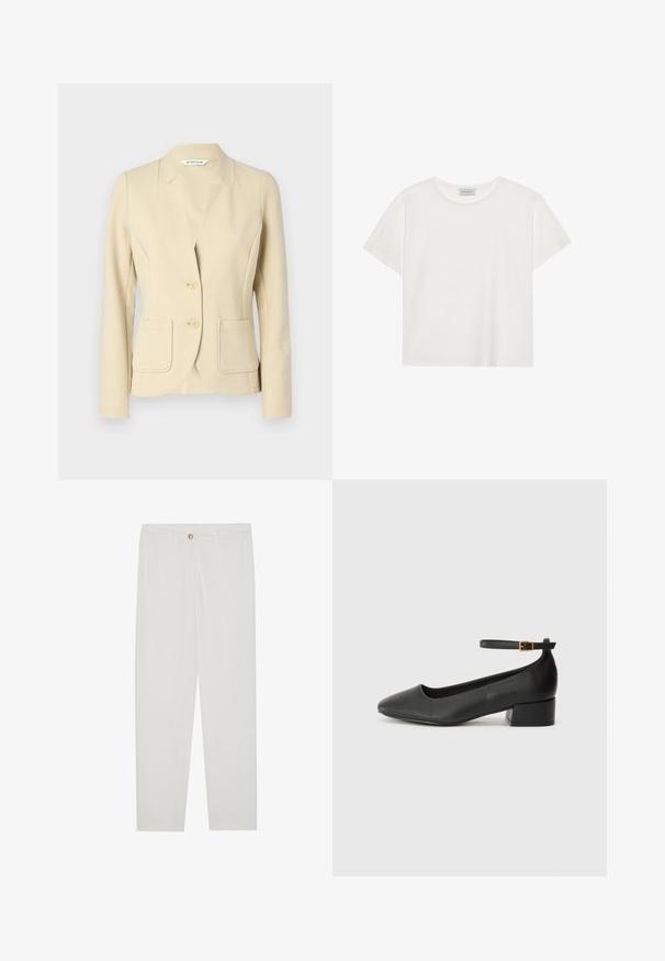 Blazer beige ajusté en matière texturée, avec un col cranté, deux poches avant et deux boutons. Fini en tissu lisse.; T-shirt blanc à manches courtes en coton doux. Présente un col rond et une coupe décontractée. Design épuré sans motifs ni accents visibles.; Pantalon blanc sur mesure avec une coupe droite, doté d'une fermeture à bouton, de passants de ceinture et de poches latérales ; texture de tissu lisse.; Escarpin en cuir noir avec un bout pointu et un petit talon bloc. Doté d'une bride de cheville avec une boucle dorée. Texture lisse.