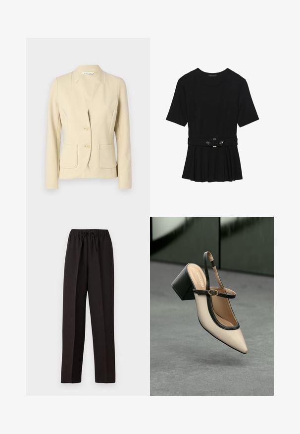 Bežový upravený blejzer vyrobený z textúrovaného materiálu, s klopovým golierom, dvoma prednými vreckami a dvoma gombíkmi. Hladký povrch látky.; Čierny krátky rukáv top vyrobený z hladkého materiálu, so strihom peplum a opaskom v páse so syntetickými guľatými striebornými gombíkmi.; Čierne široké nohavice s elastickým pásom a nastaviteľnou šnúrkou. Vyrobené z hladkej, ľahkej tkaniny bez viditeľných vzorov.; Béžová lodička so špicatou špičkou, s čiernym lemom, zlatou prackou a robustným blokovým podpätkom na šedom podlahe s tmavozeleným pozadím.